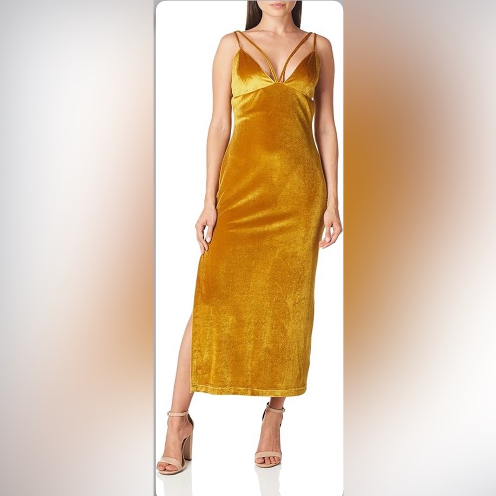 COSMOPOLITAN x DRESS THE POPULATION || Amber Gold Velvet Midi Dress. Sz. XS